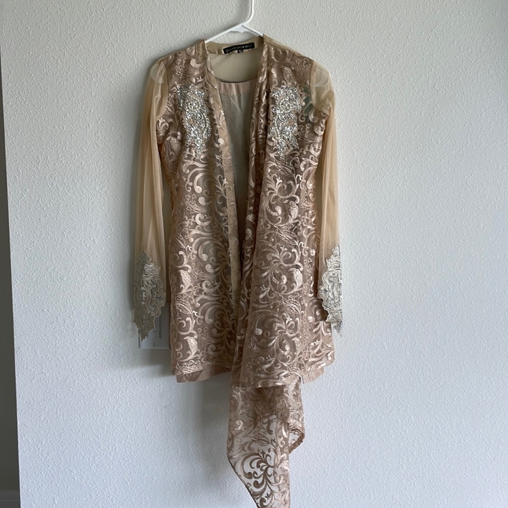 Beige and blue pants and a-line gown/kameez.